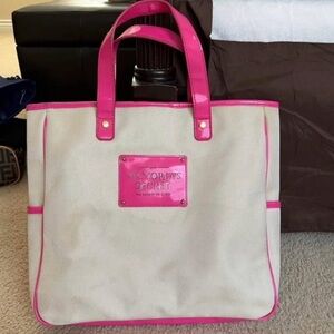 Victoria's Secret Cream Canvas Tote with Hot Pink Patent Trim